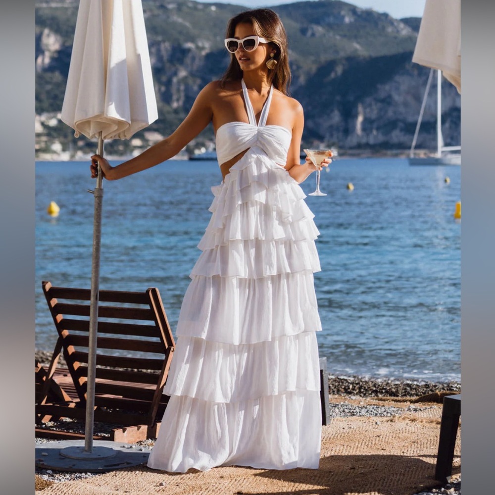 12th Tribe Chateau White Ruffle Maxi Dress